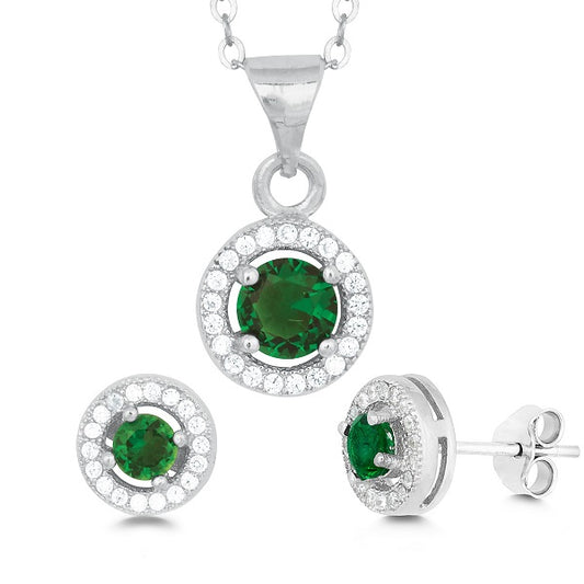 Sterling Silver Round Pendant and Earrings Set w/Chain - Green CZ