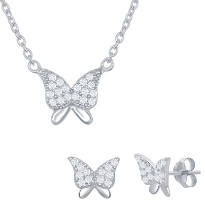 Sterling Silver, CZ Butterfly Necklace and Earrings Set