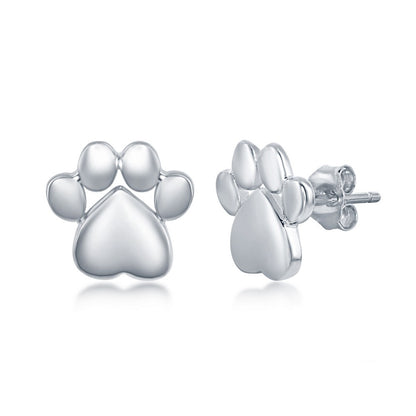 Sterling Silver High Polish Paw Print Necklace and Earrings Set