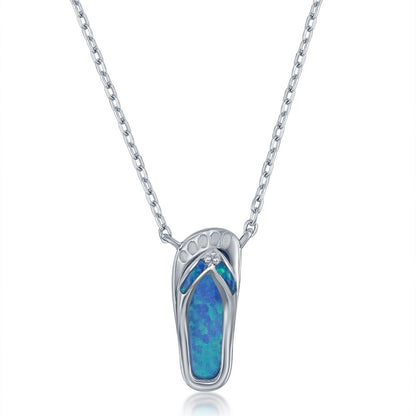 Sterling Silver, Blue Inlay Opal Necklace and Earrings Set - Flip Flop