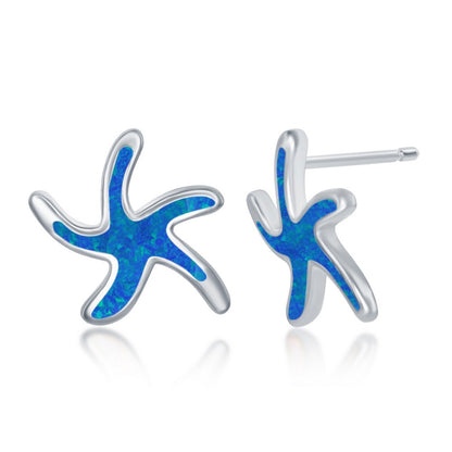 Sterling silver starfish jewelry set featuring vibrant blue opal inlay earrings