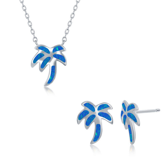 Sterling silver blue opal jewelry set featuring palm tree pendant necklace and matching earrings