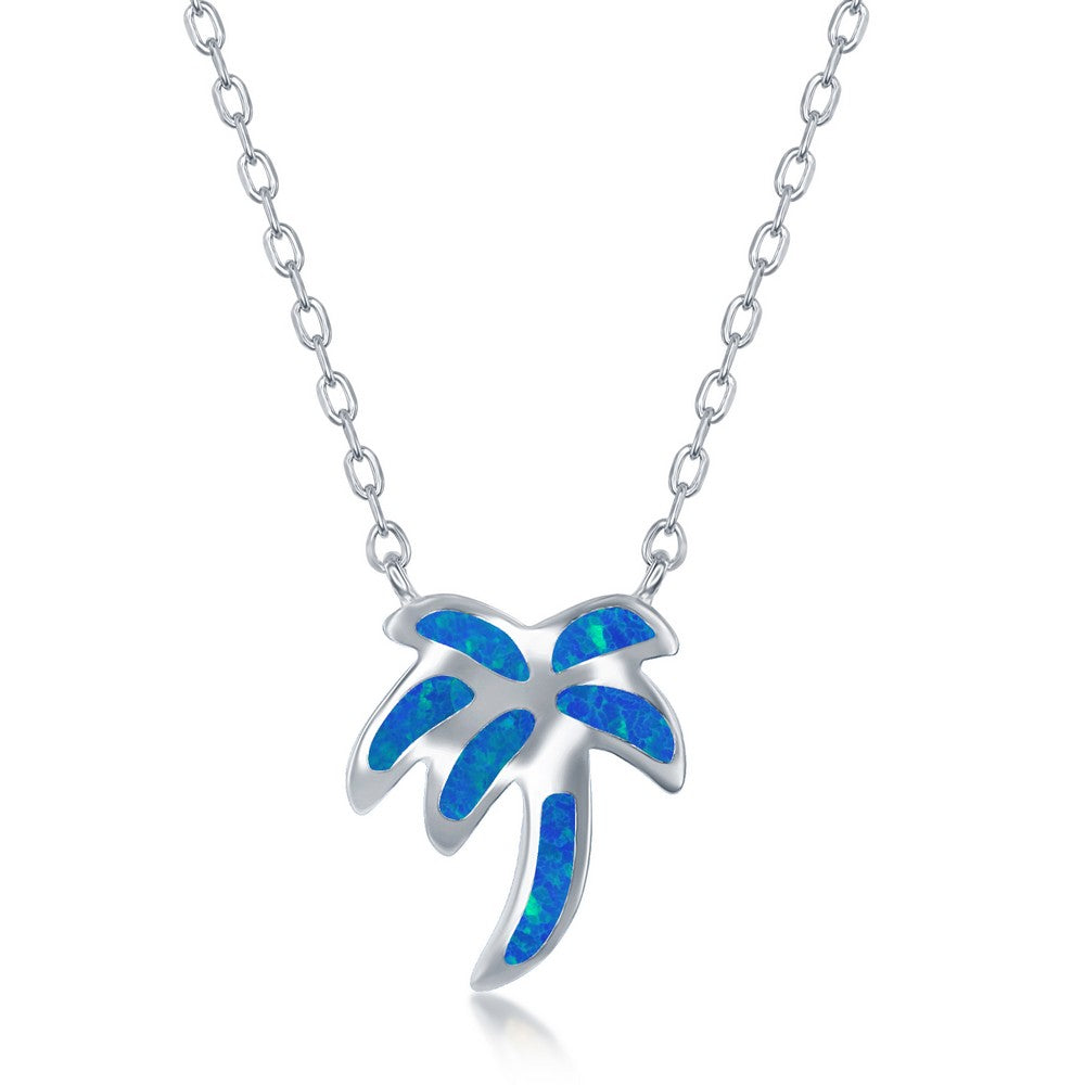 Sterling silver blue opal jewelry set featuring a palm tree pendant necklace on a delicate chain