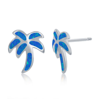 Sterling silver blue opal jewelry set featuring delicate palm tree earrings with vibrant blue opal inlay