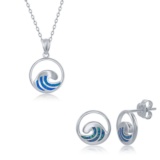 Sterling Silver, Blue Inlay Opal Necklace and Earrings Set - Wave