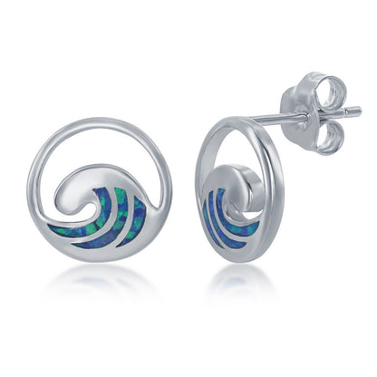 Sterling Silver, Blue Inlay Opal Necklace and Earrings Set - Wave