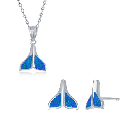 Classic Of New York sterling silver whale tail jewelry set with blue opal inlay necklace and earrings