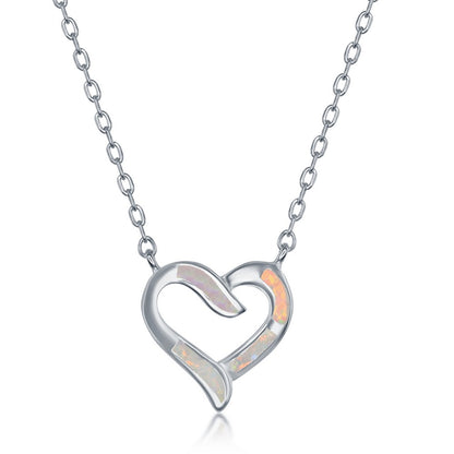 Sterling Silver White Inlay Opal Necklace and Earrings Set - Heart