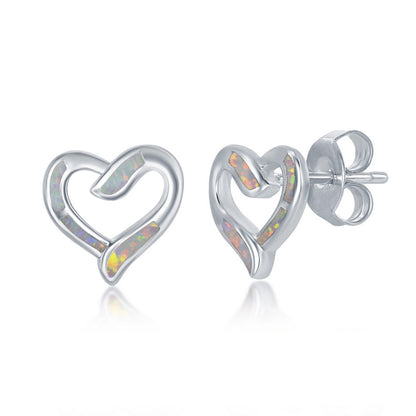 Sterling Silver White Inlay Opal Necklace and Earrings Set - Heart