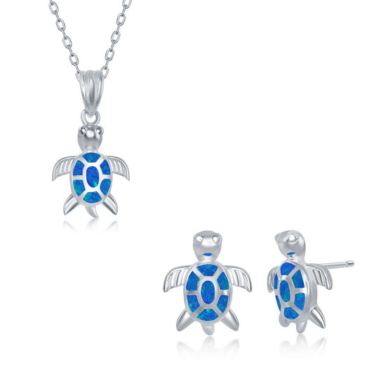 Classic Of New York sterling silver turtle jewelry set with necklace and earrings featuring blue inlay design