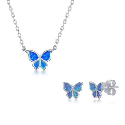 Sterling silver blue opal butterfly jewelry set featuring a necklace and earrings with vibrant blue opal accents