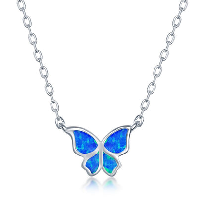 Sterling silver blue opal butterfly jewelry set featuring a delicate necklace and earrings