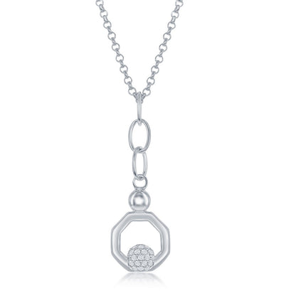 Sterling Silver Round Micro Pave CZ Open Hexagon Pendant & Earrings Set W/Chain