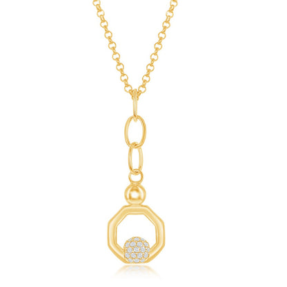 Sterling Silver Round Micro Pave CZ Open Hexagon Pendant & Earrings Set W/Chain - Gold Plated