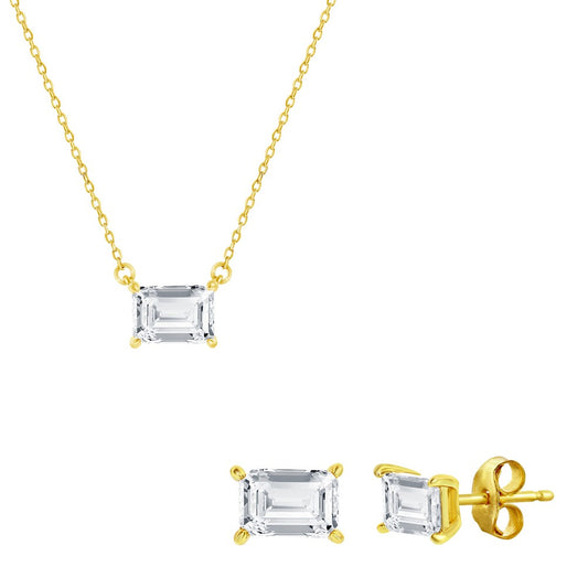 Sterling Silver, Solitaire 5x7mm Rectangle CZ, Necklace & Earrings Set - Gold Plated