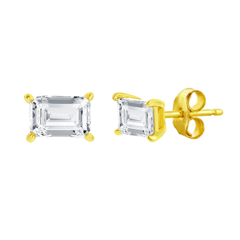 Sterling Silver, Solitaire 5x7mm Rectangle CZ, Necklace & Earrings Set - Gold Plated