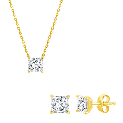 Sterling Silver, Solitaire 6mm Princess-Cut CZ, Necklace & Earrings Set - Gold Plated