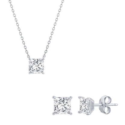 Sterling Silver, Solitaire 6mm Princess-Cut CZ, Necklace & Earrings Set