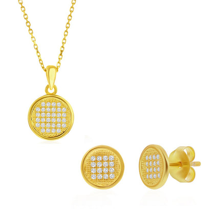 Sterling Silver, Round Pave CZ Necklace  & Earrings Set - Gold Plated