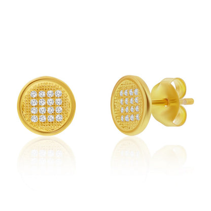 Sterling Silver, Round Pave CZ Necklace  & Earrings Set - Gold Plated