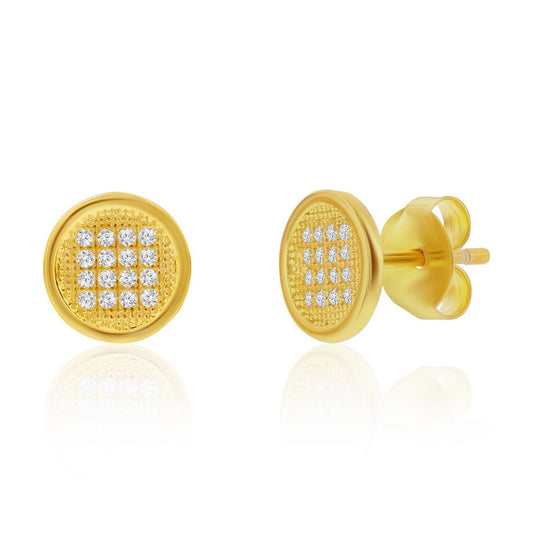 Sterling Silver, Round Pave CZ Necklace  & Earrings Set - Gold Plated