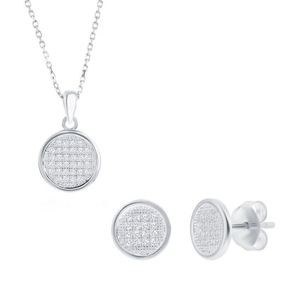 Sterling Silver, Round Pave CZ Necklace & Earrings Set