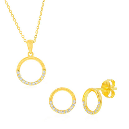 Sterling Silver, Polished & CZ Circle Necklace & Earrings Set - Gold Plated