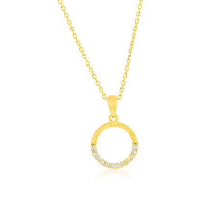 Sterling Silver, Polished & CZ Circle Necklace & Earrings Set - Gold Plated