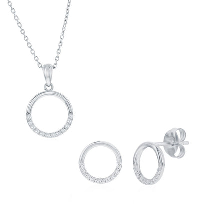 Sterling Silver, Polished & CZ Circle Necklace & Earrings Set
