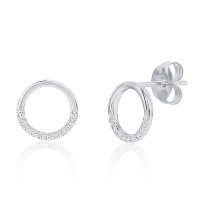 Sterling Silver, Polished & CZ Circle Necklace & Earrings Set