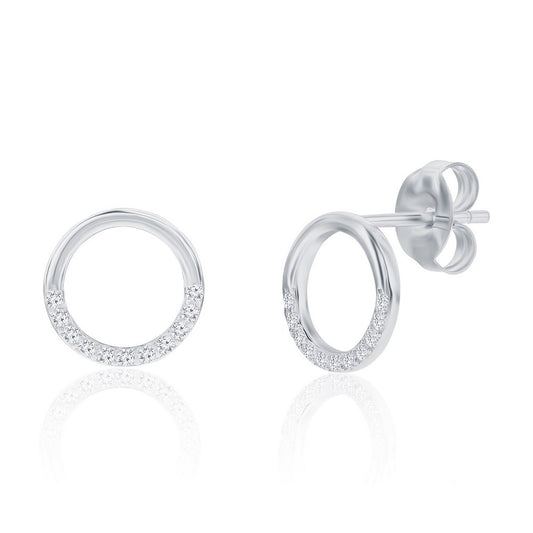 Sterling Silver, Polished & CZ Circle Necklace & Earrings Set