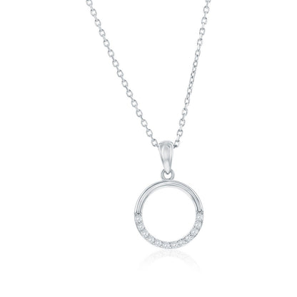 Sterling Silver, Polished & CZ Circle Necklace & Earrings Set