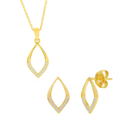 Sterling Silver, Polished & CZ Marquise Necklace & Earrings Set - Gold Plated
