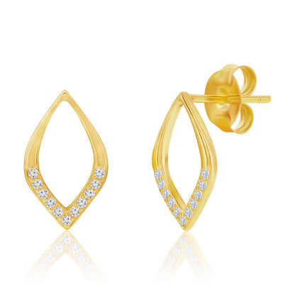 Sterling Silver, Polished & CZ Marquise Necklace & Earrings Set - Gold Plated