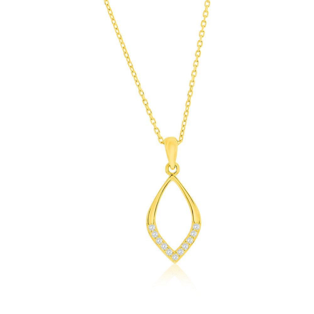 Sterling Silver, Polished & CZ Marquise Necklace & Earrings Set - Gold Plated