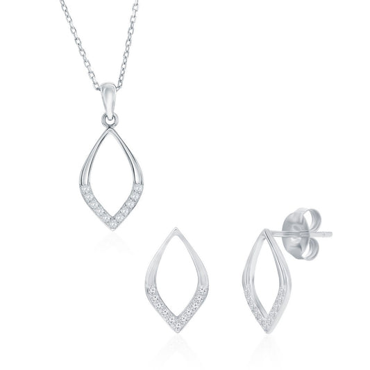 Sterling Silver, Polished & CZ Marquise Necklace & Earrings Set