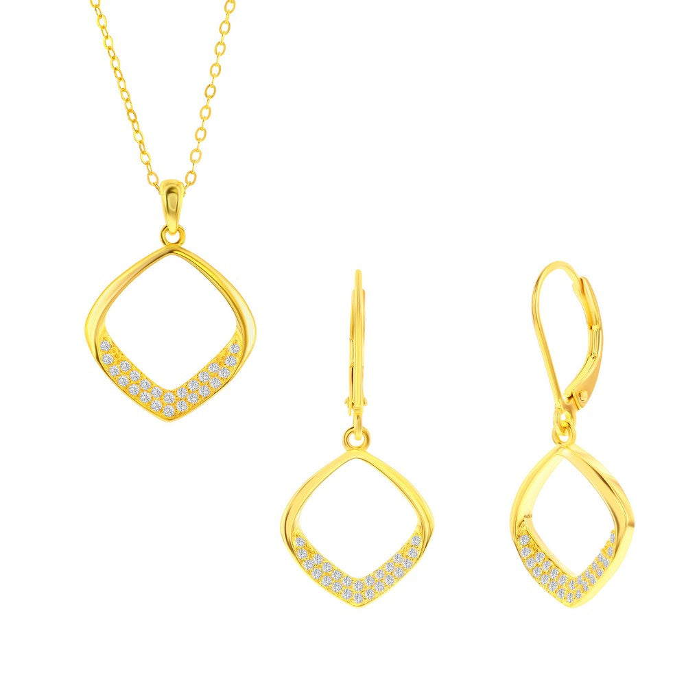 Sterling Silver, Pave CZ Diamond-Shaped Necklace & Earrings Set - Gold Plated showcasing elegant design and sparkle