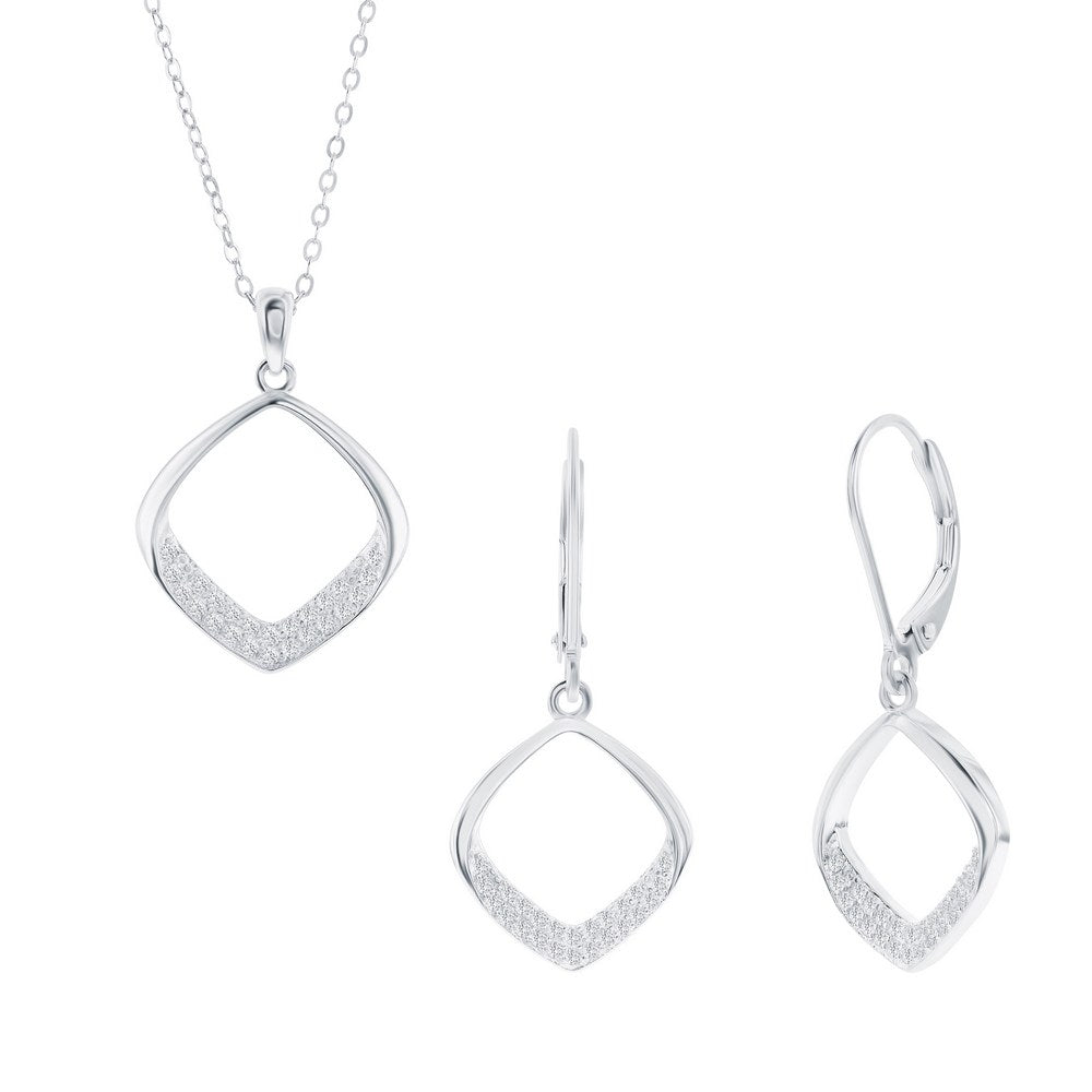 Sterling Silver, Pave CZ Diamond-Shaped Necklace & Earrings Set for elegant styling and special occasions