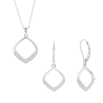 Sterling Silver, Pave CZ Diamond-Shaped Necklace & Earrings Set for elegant styling and special occasions