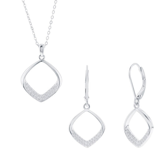 Sterling Silver, Pave CZ Diamond-Shaped Necklace & Earrings Set for elegant styling and special occasions
