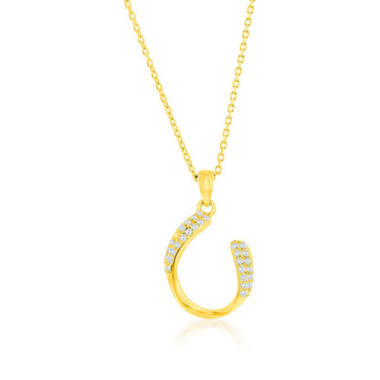 Sterling Silver, Curved Oval-Shaped CZ Necklace & Earrings Set - Gold Plated