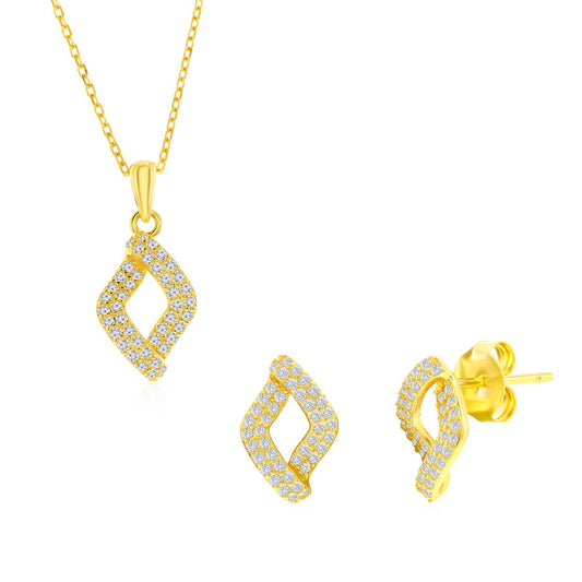 Sterling Silver, Pave CZ Marquise Necklace & Earrings Set - Gold Plated