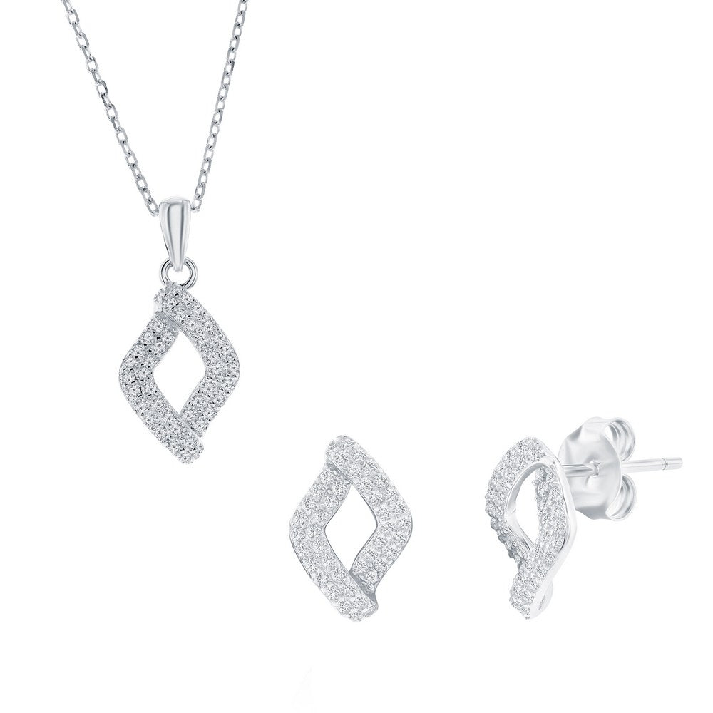 Sterling Silver, Pave CZ Marquise Necklace & Earrings Set