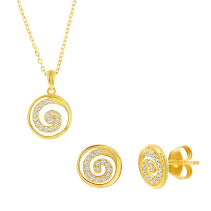 Sterling Silver, Pave CZ Swirl Design Necklace & Earrings Set - Gold Plated
