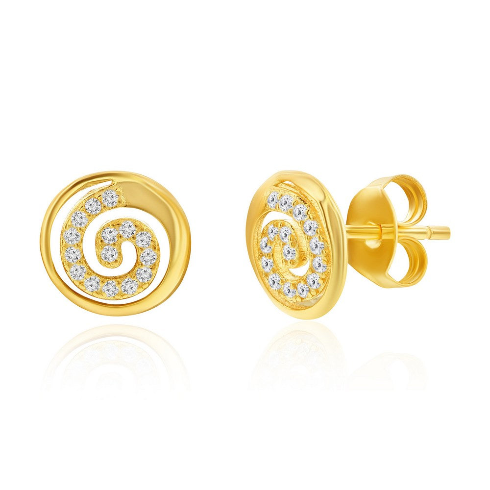 Sterling Silver, Pave CZ Swirl Design Necklace & Earrings Set - Gold Plated