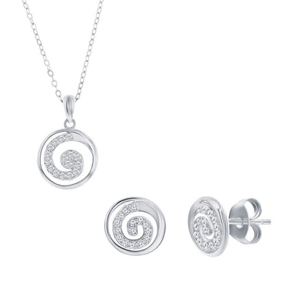 Sterling Silver, Pave CZ Swirl Design Necklace & Earrings Set