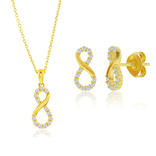 Sterling Silver, Polished & CZ Infinity Necklace & Earrings Set - Gold Plated