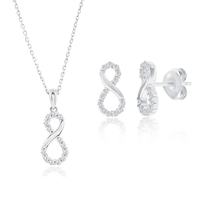 Sterling Silver, Polished & CZ Infinity Necklace & Earrings Set