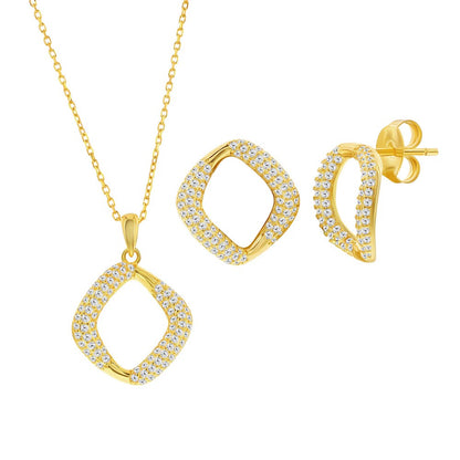 Sterling Silver, Pave CZ Square Necklace & Earrings Set - Gold Plated