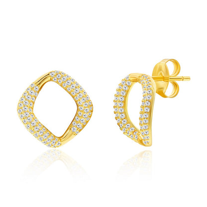 Sterling Silver, Pave CZ Square Necklace & Earrings Set - Gold Plated